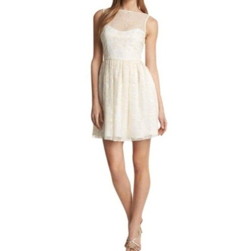 Jill Stuart $368 Ivory Lace Fit & Flare Dress Sheer Neck Sequin Dress Size: 8
